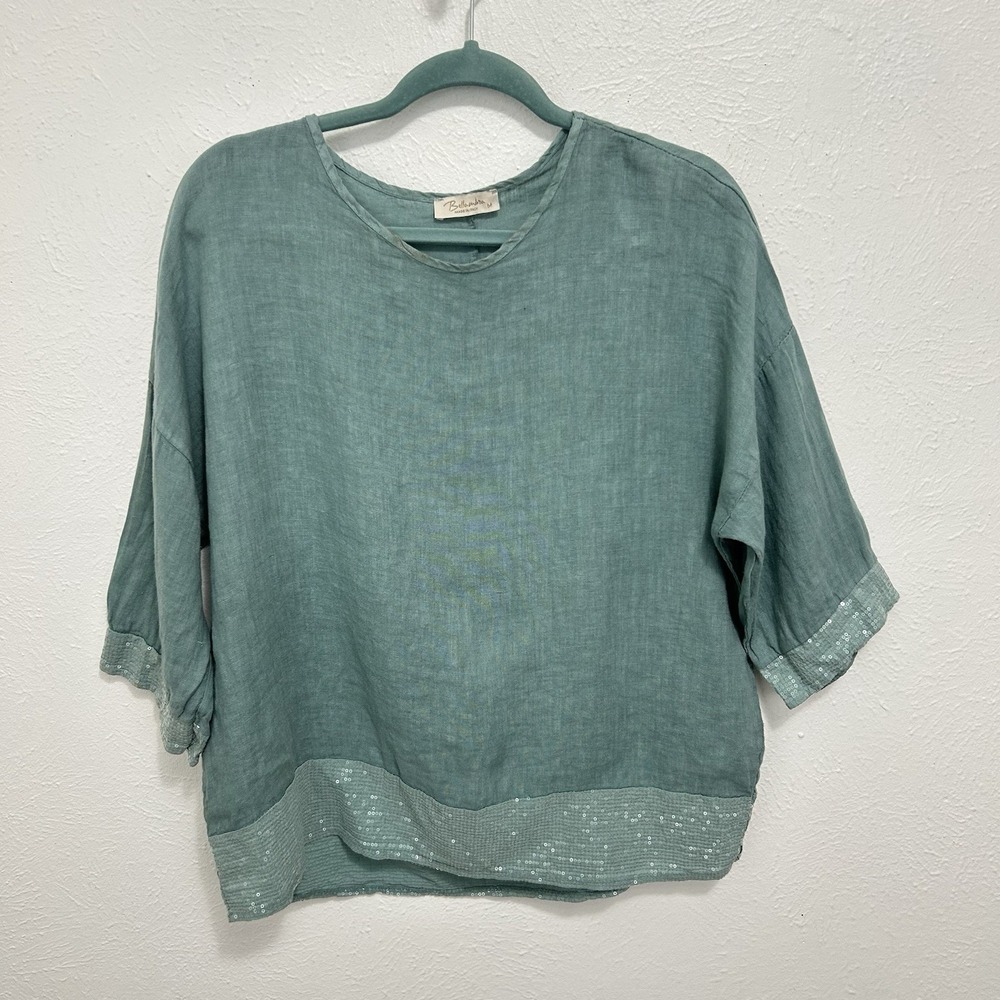 Bellambra Blue Teal Linen Sequin Tunic Top Coastal 3/4 Sleeve Lagenlook Size M‎